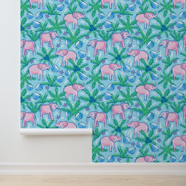Papier Peint Palme d'éléphant rose tropicale Feuille Preppy (Application)