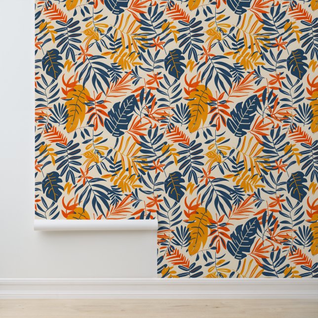 Papier Peint Palme tropicale d'été bleu jaune Feuille (Application)