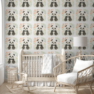 Papier Peint Panda bébé mignonne avec fleurs - Pépinière d'aqua