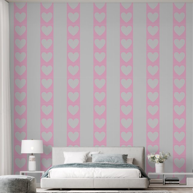 Papier Peint Panneaux élégants de Coeurs Roses & Gris (Chambre à coucher)