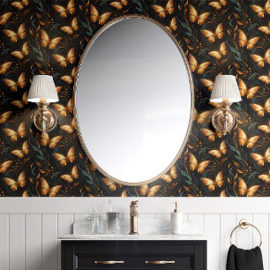 Papier Peint Papillons dorés et vignes sur fond noir