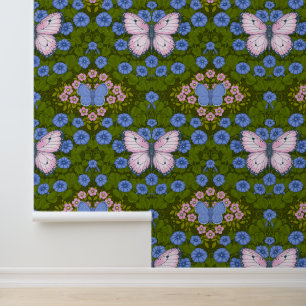 Papier Peint Papillons et symétrie des fleurs, bleu et rose