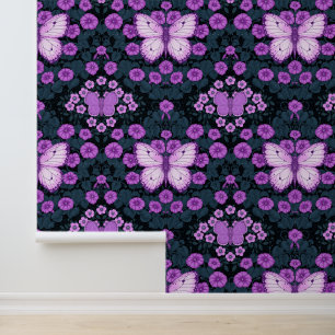 Papier Peint Papillons et symétrie des fleurs, violet et bleu