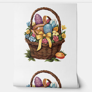 Papier Peint Pâques Panier de Pâques Oeufs colorés Fleurs