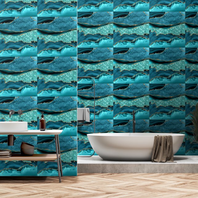 Papier Peint Parties scintillant d'or bleu turquoise Aqua Marbr (Salle de bain)