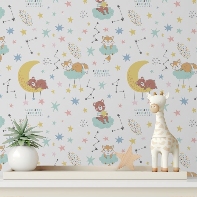 Papier Peint Pastel Baby Fox ours Moon Stars Cute Kids Motif (Créateur téléchargé)