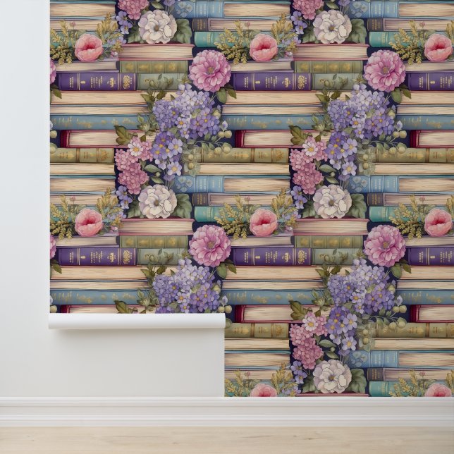 Papier Peint Pastel Livres et Fleurs Motif amovible (Application)