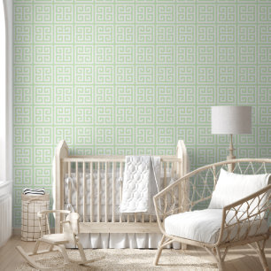 Papier Peint Pastel Tea vert et blanc Grande clé grecque