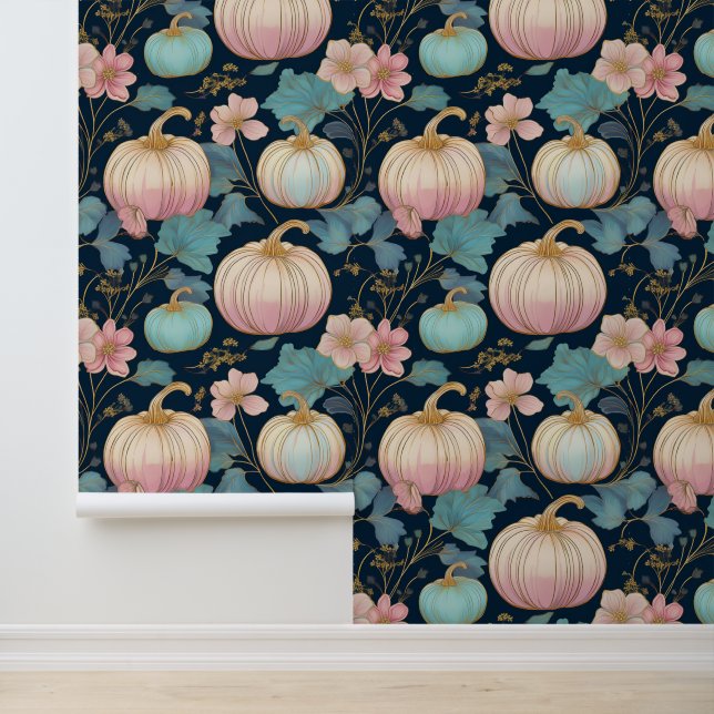 Papier Peint Patch Citrouille floral Pastel sur bleu foncé (Application)