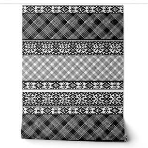 Papier Peint Patchwork rayé noir et blanc avec dentelle
