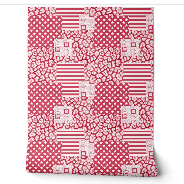 Papier Peint Patchwork rouge et blanc rustique (Déroulement)