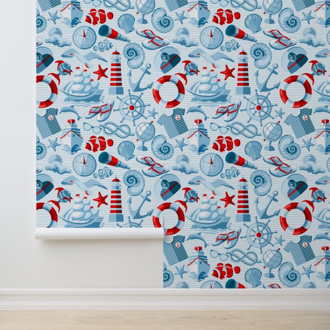 Papier Peint Patteries bleues rouges nautical (Application)