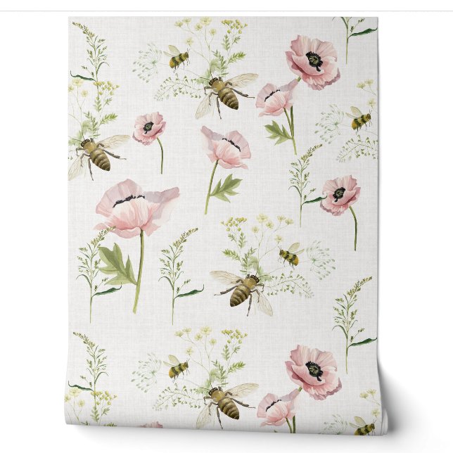Papier Peint Pavot délicat, abeilles, aquarelle fleur sauvage (Déroulement)
