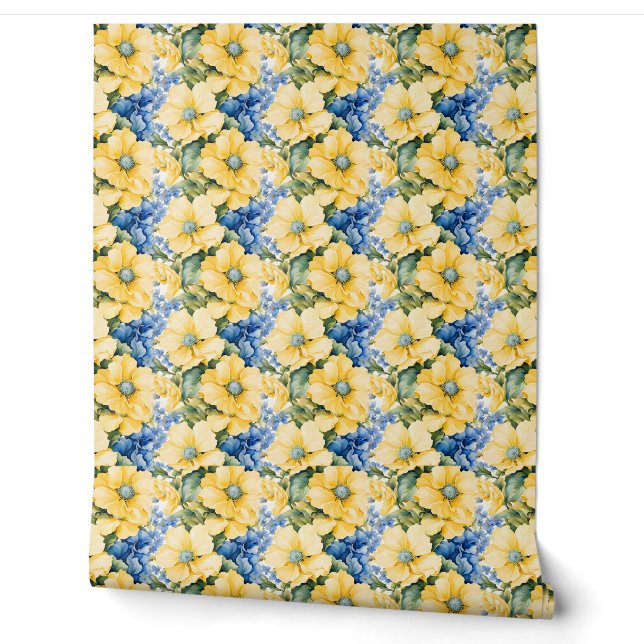 Papier Peint Pays Français Fleurs jaunes et bleues (Déroulement)