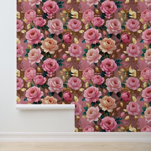Papier Peint Peach Rose Floral Peel and Stick (Application)
