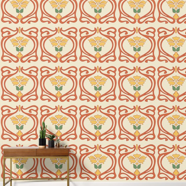 Papier Peint Peach Yellow Green Art Nouveau Tile (Couloir)