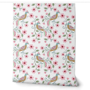 Papier Peint Peacocs et fleurs roses