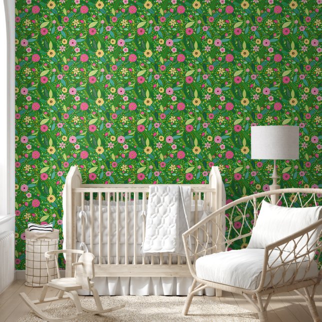 Papier Peint Peau et bâton fleuri vert rose (Enfants)