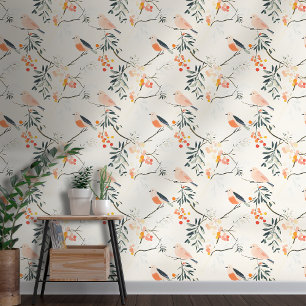Papier Peint Pêche et Oiseaux bleus Chinoiserie Style Fond d'éc