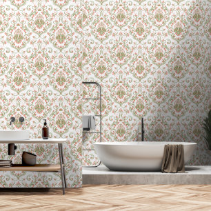 Papier Peint Pêche et Sage Green Damask Pelure et bâton Floral