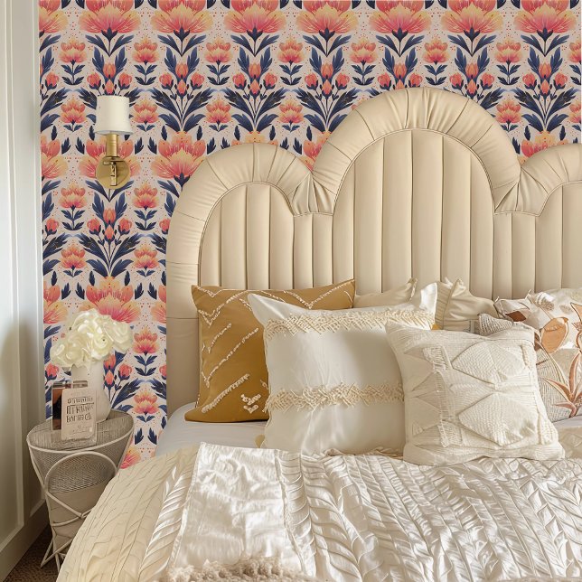 Papier Peint Pêche Fairycore, jaune et bleu floral (Fairycore Peach, Yellow, and Blue Floral Wallpaper behind a cream colored headboard.)