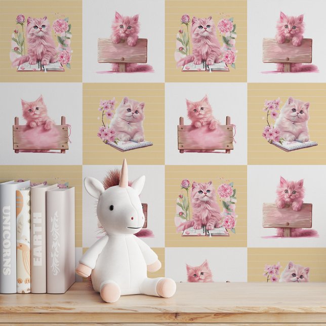 Papier Peint Peek-A-Boo Kitty ! Kitten rose & livre (Peek-A-Boo Kitty! Pink Kitten & Book Wallpaper)