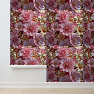 Papier Peint Peel floral rose et or et peinture murale
