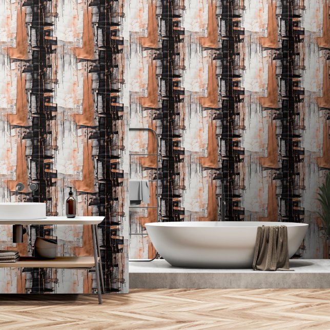 Papier Peint Peinture Abstraite à séchage noir, blanc et cuivre (Salle de bain)