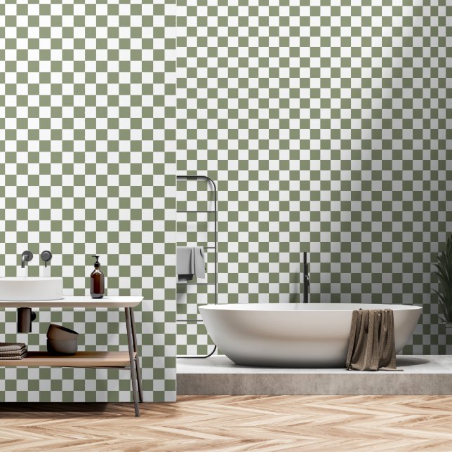 Papier Peint Peinture et bâton blanc et vert Sage (Salle de bain)