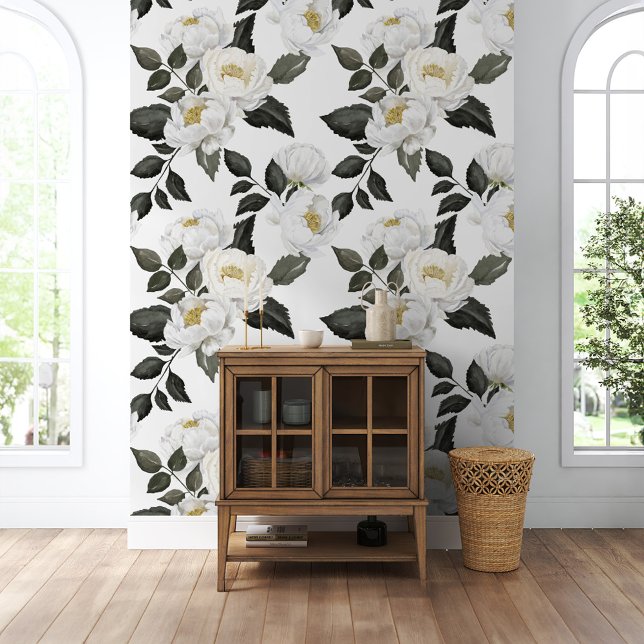 Papier Peint Peonies blanches Jardin botanique de l'aquarelle f (White Peonies Floral Watercolor Botanical Garden Wallpaper)