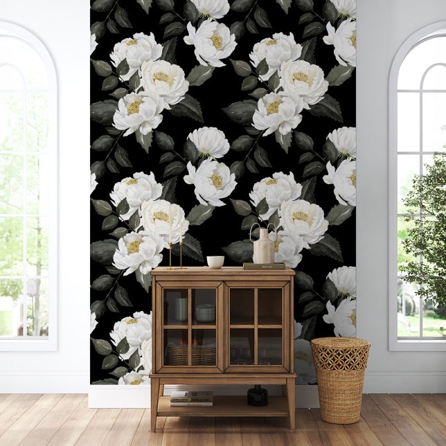 Papier Peint Peonies blanches Jardin botanique de l'aquarelle f (White Peonies Floral Watercolor Botanical Garden Wallpaper)