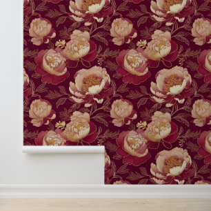 Papier Peint Peonies florales victoriennes Gold Bourgogne