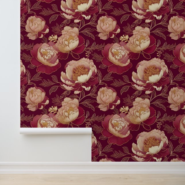 Papier Peint Peonies florales victoriennes Gold Bourgogne (Application)