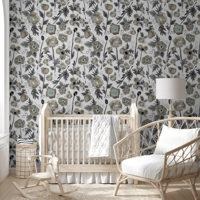 Papier Peint Pépies Taupe Aquarelle Motif Floral (Poppies Taupe Watercolor Floral Pattern Wallpaper from Studio Posies.)