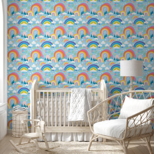 Papier Peint Pépinière Pastel Rainbows Fleurs et Nuages