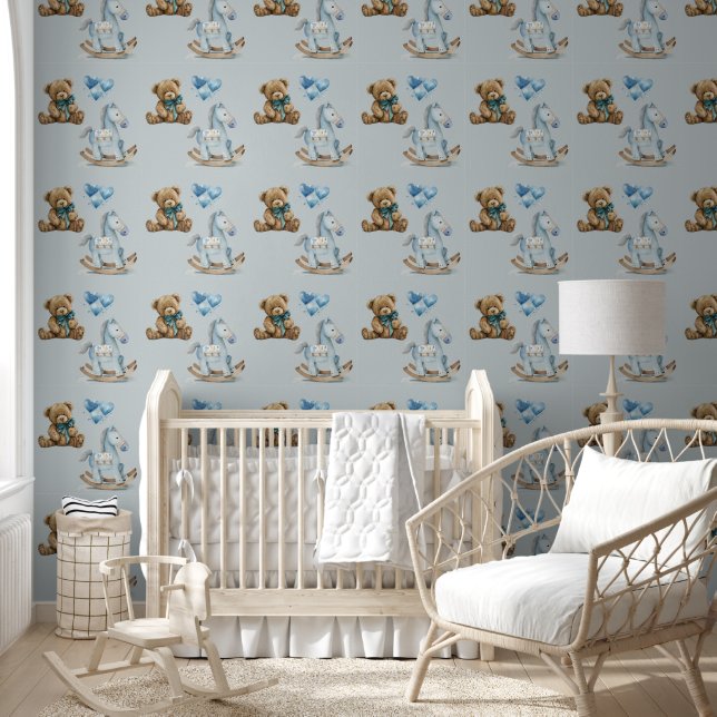 Papier Peint Pépinière pour garçon Teddy & Cheval Rocking Peel  (Enfants)