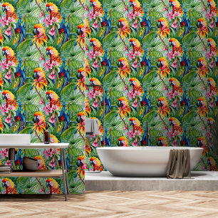 Papier Peint Perroquets de couleurs vives et fleurs tropicales