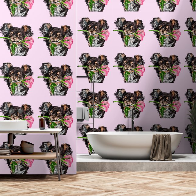Papier Peint Petit chien de compagnie avec Rose (Salle de bain)