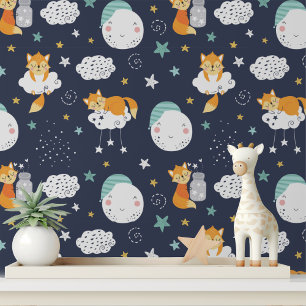 Papier Peint Petit Renard Lune Étoiles Nurserie Autocollant