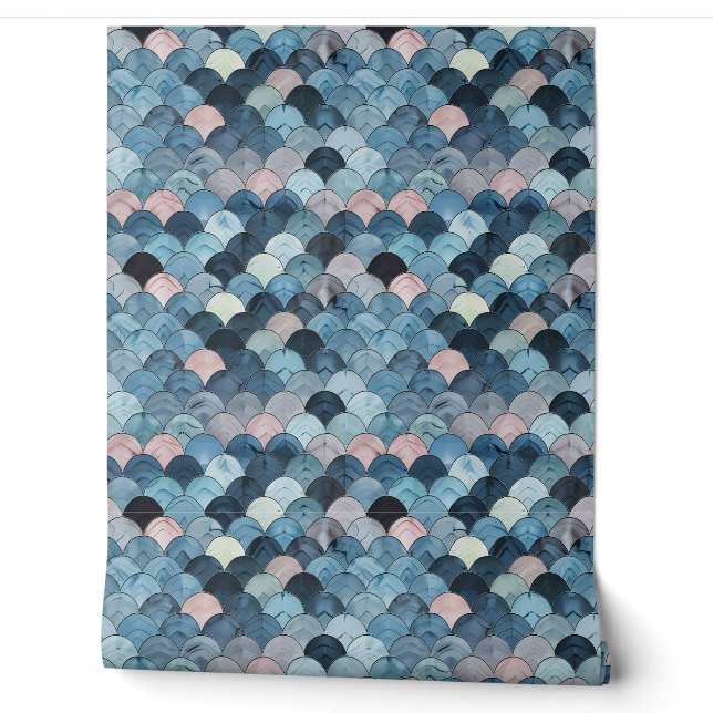 Papier Peint Petite échelle océanique - Bleu, Rose, Gris - Côté (Déroulement)