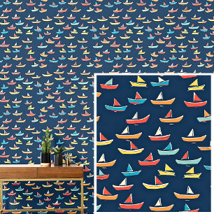 Papier Peint Petits bateaux à voile sur Bleu foncé, Nautique