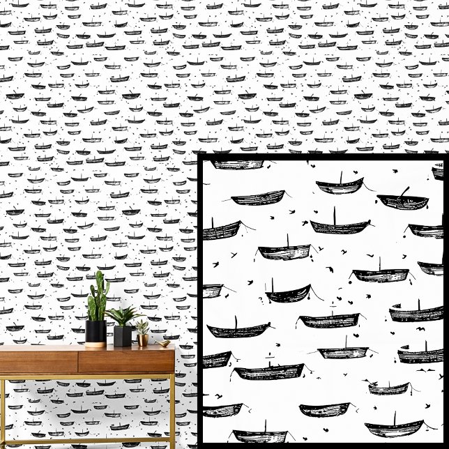 Papier Peint Petits Bateaux Dinghes sur Blancs, Nautical Row Bo (Créateur téléchargé)