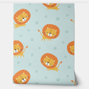Papier Peint Petits Lions mignons avec empreintes sur bleu clai