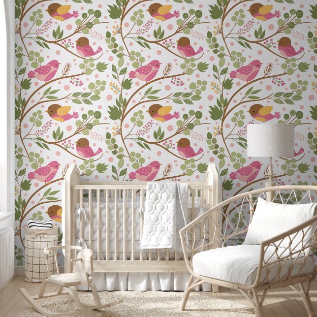 Papier Peint Petits oiseaux roses sur des branches vertes (Enfants)