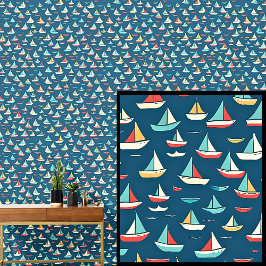 Papier Peint Petits voiliers Bateaux, Bleu Rouge Nautique