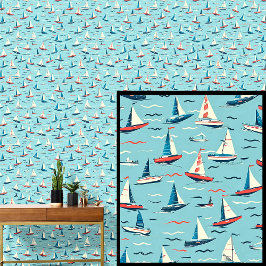 Papier Peint Petits voiliers Bateaux en Vagues Bleu Rouge Blanc