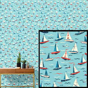 Papier Peint Petits voiliers Bateaux en Vagues Bleu Rouge Blanc