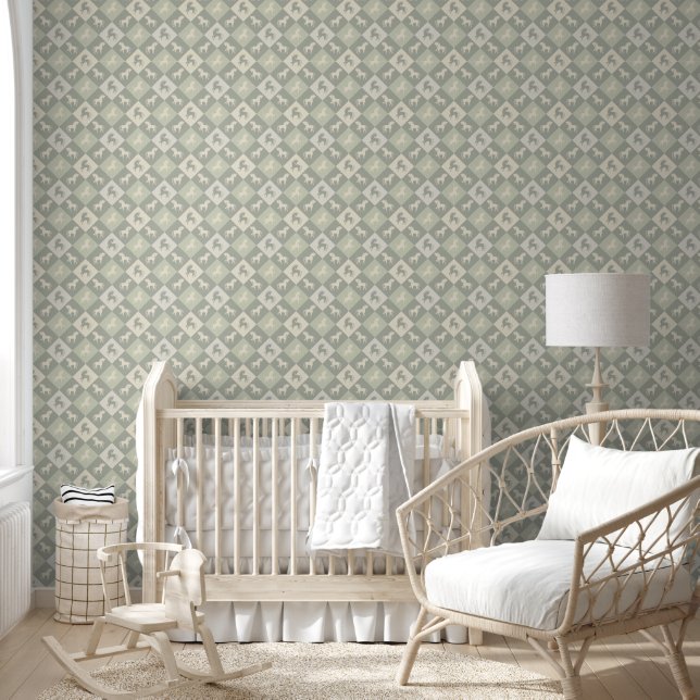 Papier Peint Pferde und Rautenmuster grau grün vanilla (Enfants)
