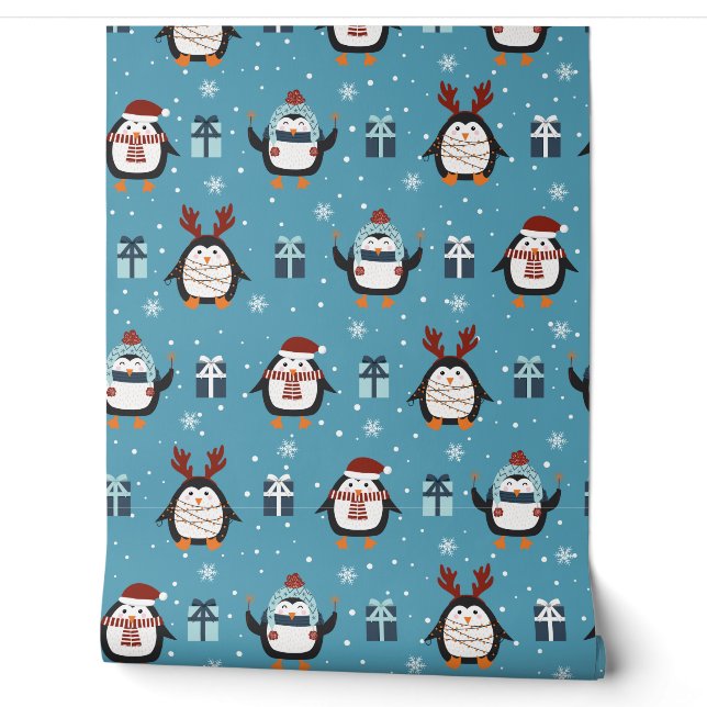 Papier Peint Pingouin motif en carrelage de Noël (Déroulement)