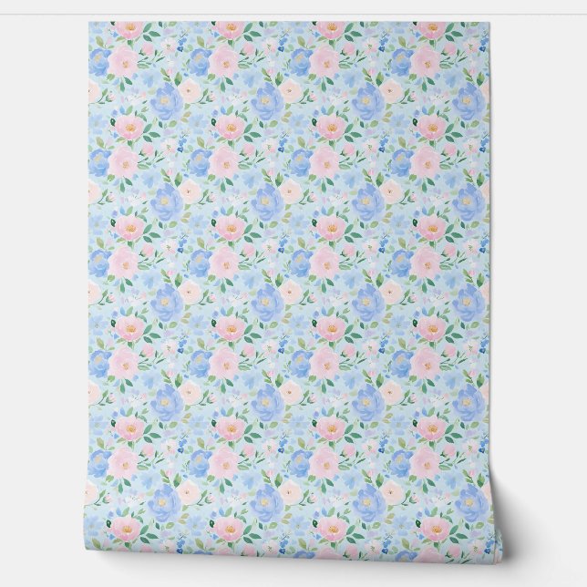 Papier Peint Pink Blue Roses Pastel Blue (Déroulement)